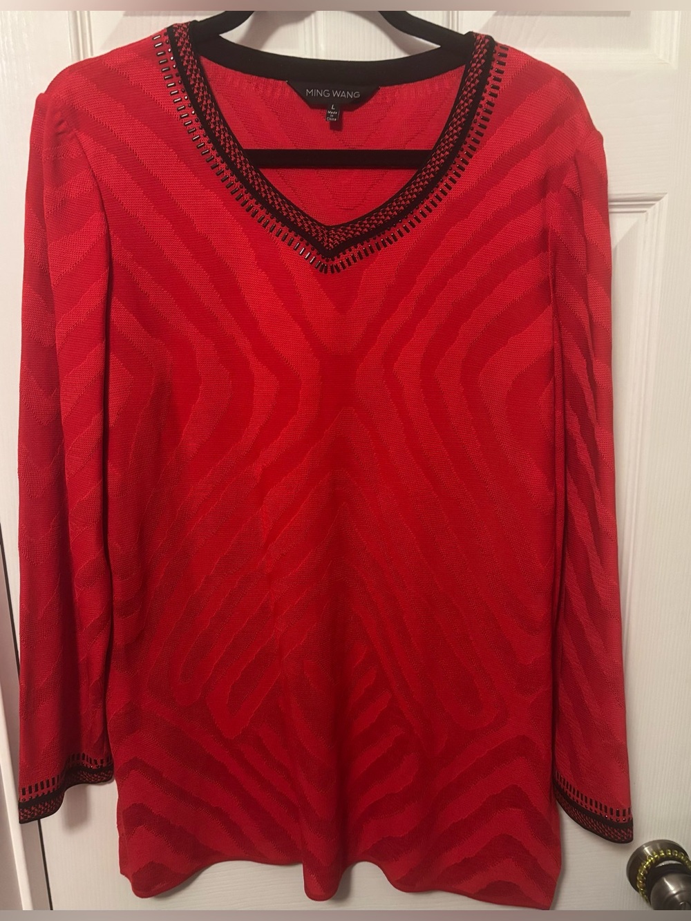 Ming Wang Red V-Neck Long Sleeve Tunic with Black Beaded Trim - Size L